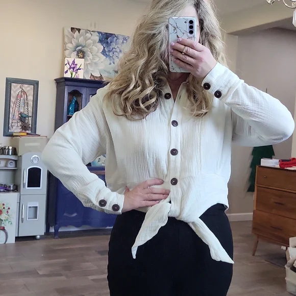 Free People Sun Streaks Tie Front Shirt Top Brown Front Buttons Size Small - Picture 8 of 11